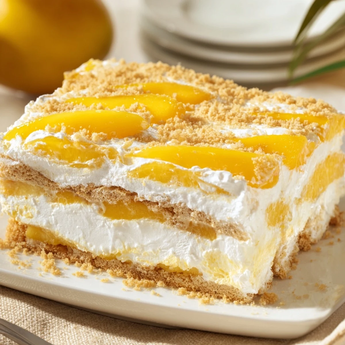 Chilled Filipino Mango Float square garnished with fresh mint atop graham cracker crumble on white plate