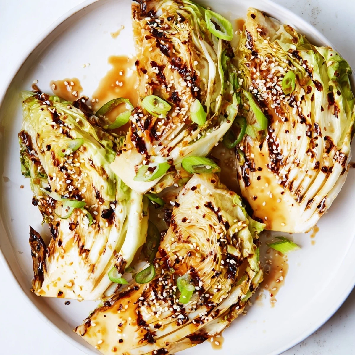 Golden brown miso butter roasted cabbage wedges drizzled with savory umami glaze