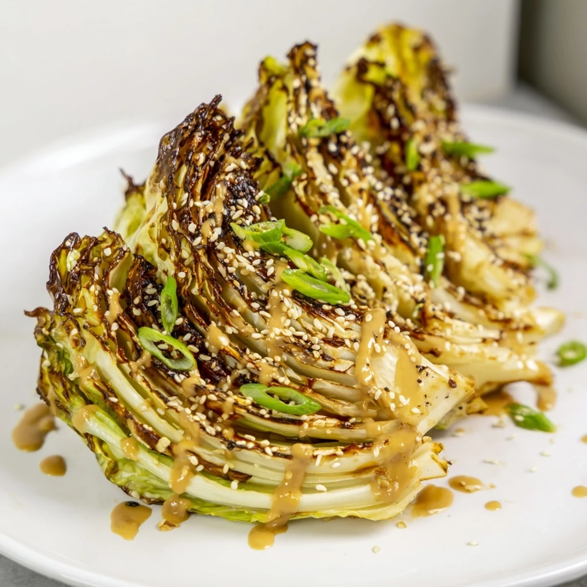 Tender roasted cabbage wedges brushed with garlic ginger miso butter and sesame seeds