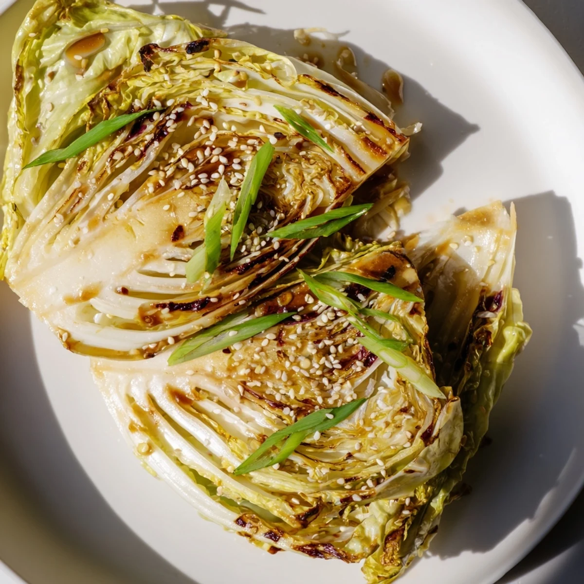 Caramelized cabbage wedges topped with miso butter sauce and green onion garnish