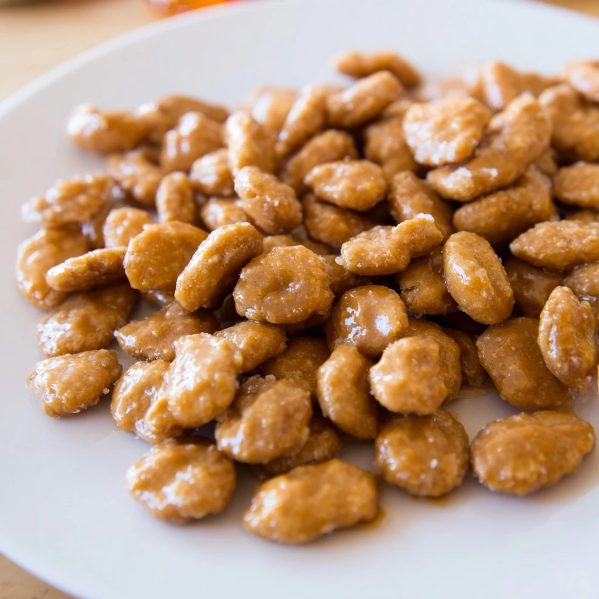 Golden caramel crunch oyster crackers arranged on a rustic wooden serving board