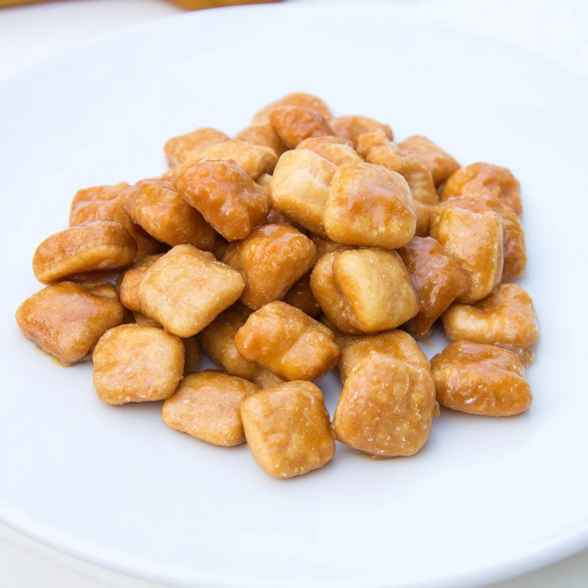 Buttery caramel coated oyster crackers piled high in a white ceramic bowl