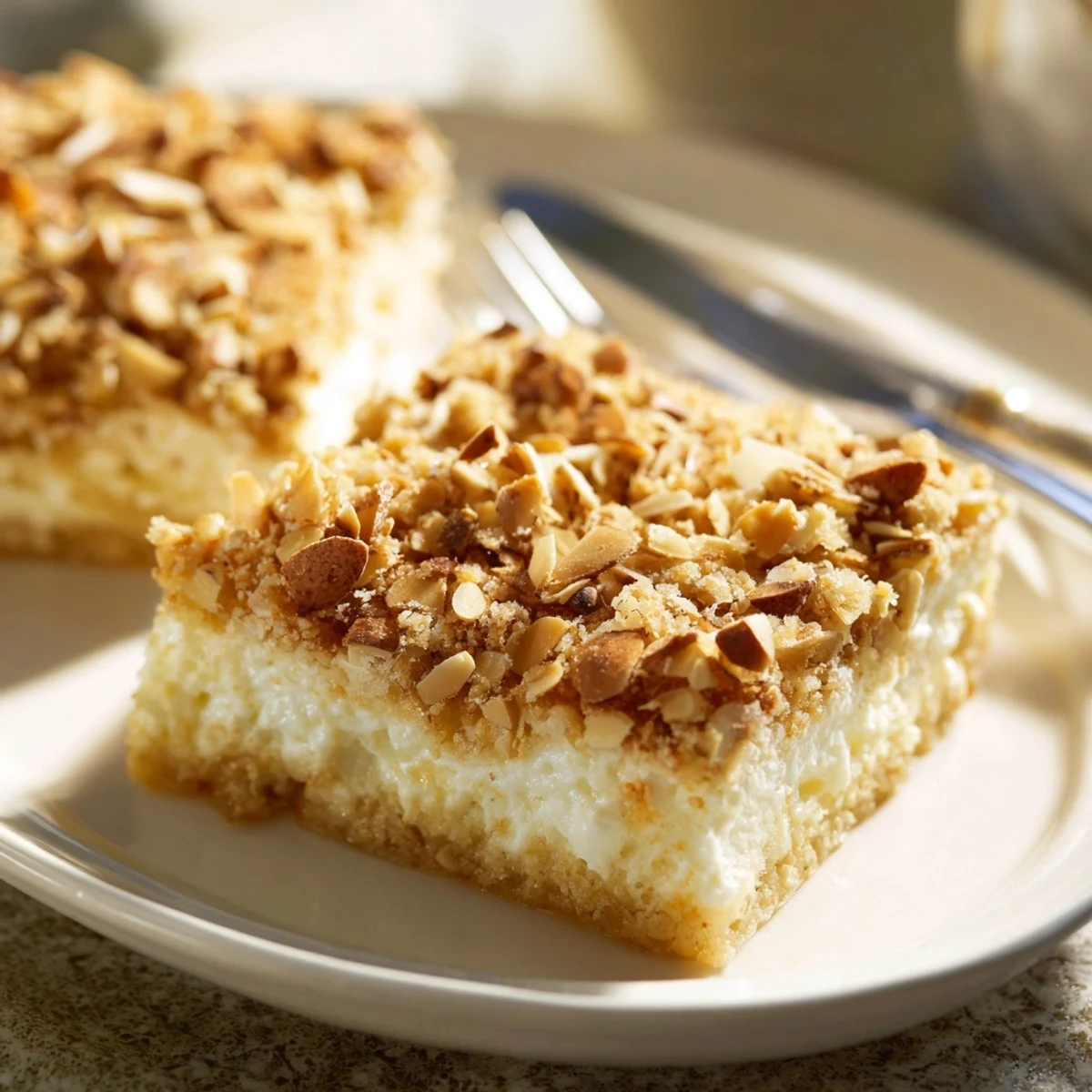Golden easy ricotta cloud squares with almond crunch topping freshly baked and ready to serve