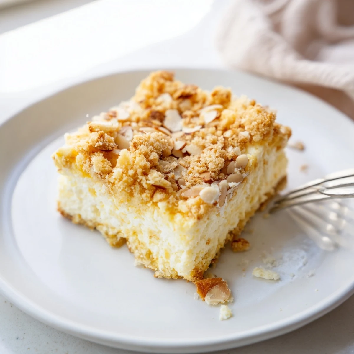 Fluffy easy ricotta cloud squares with caramelized almond layer on a white dessert plate