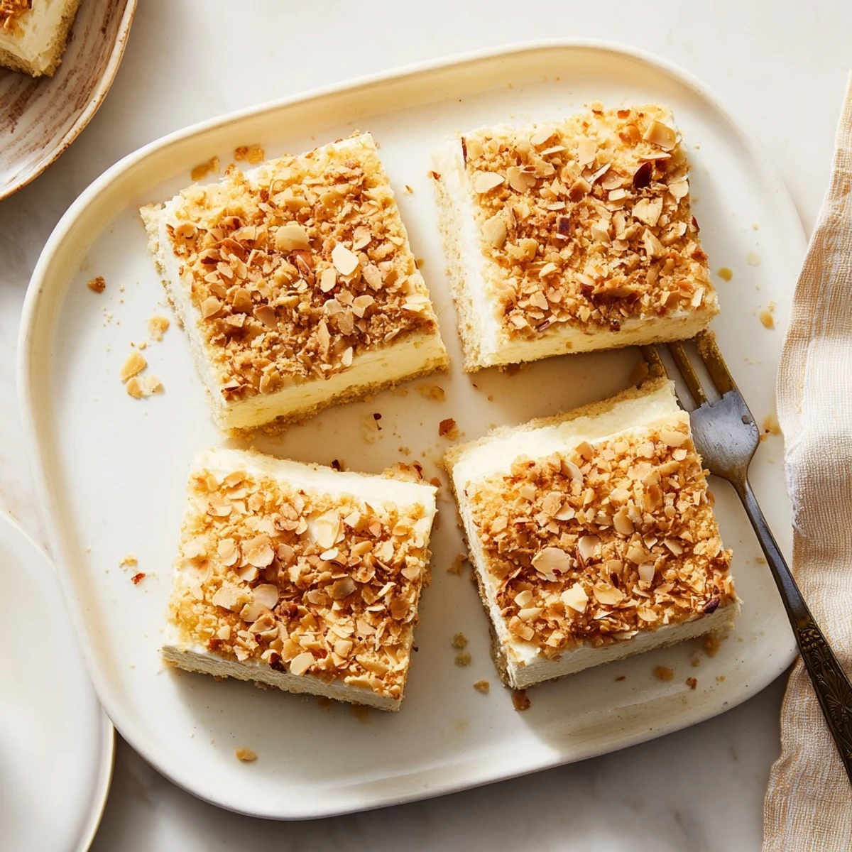Homemade easy ricotta cloud squares featuring crisp almond topping sliced into twelve bite-sized pieces