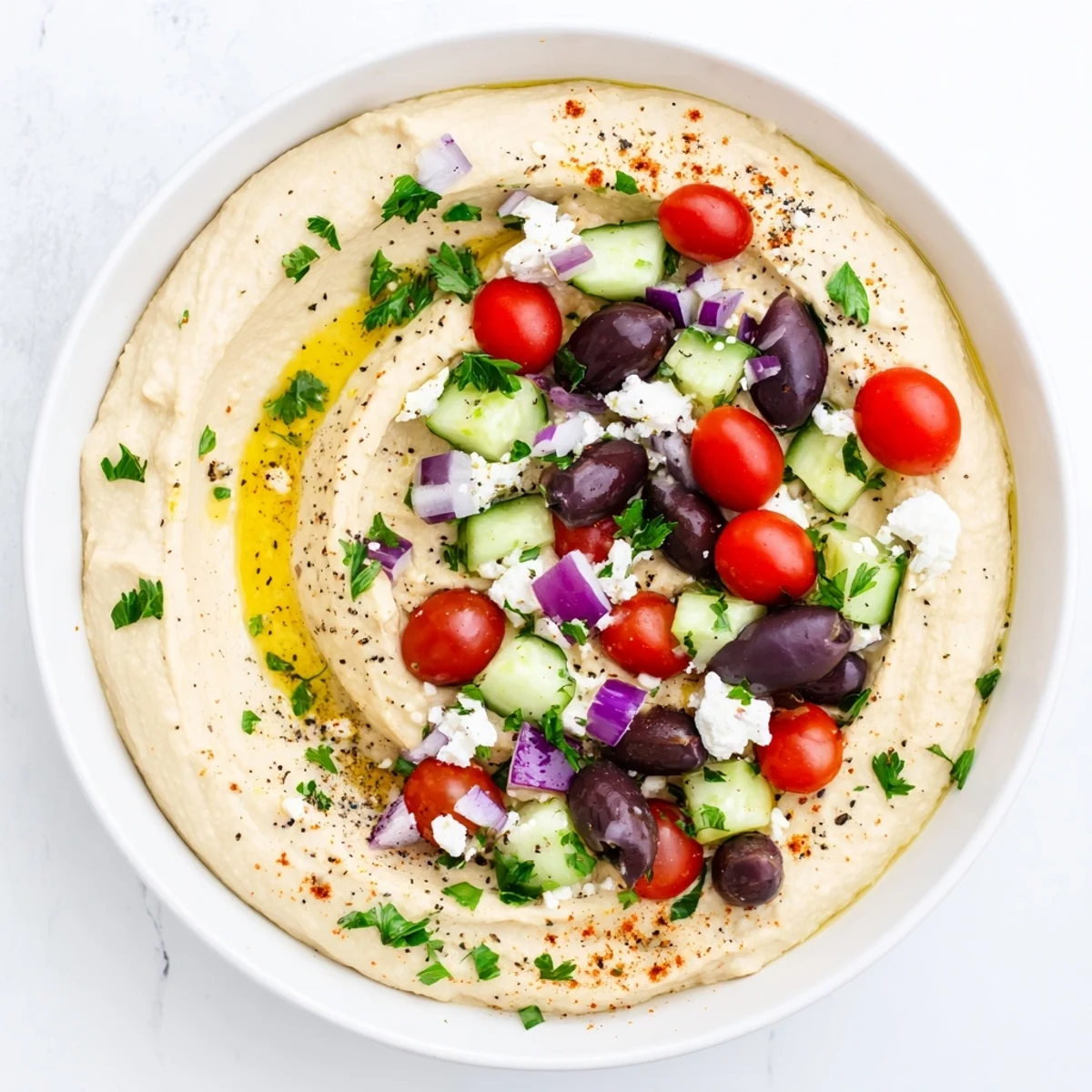 Creamy Greek style loaded hummus topped with fresh vegetables and crumbled feta cheese