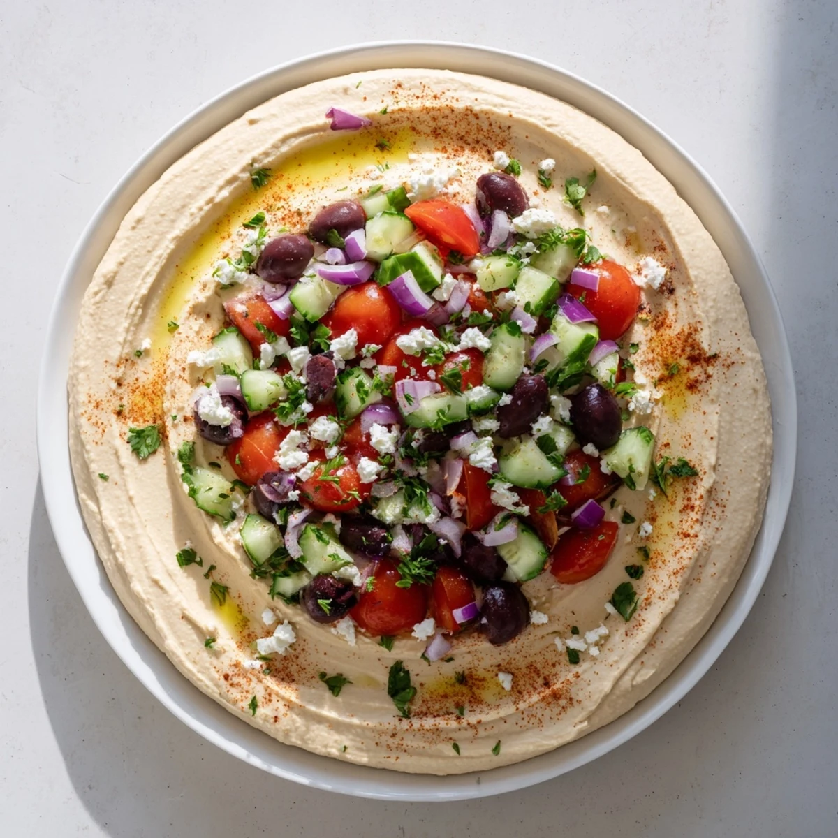 Vibrant Mediterranean hummus bowl drizzled with olive oil and sprinkled with parsley