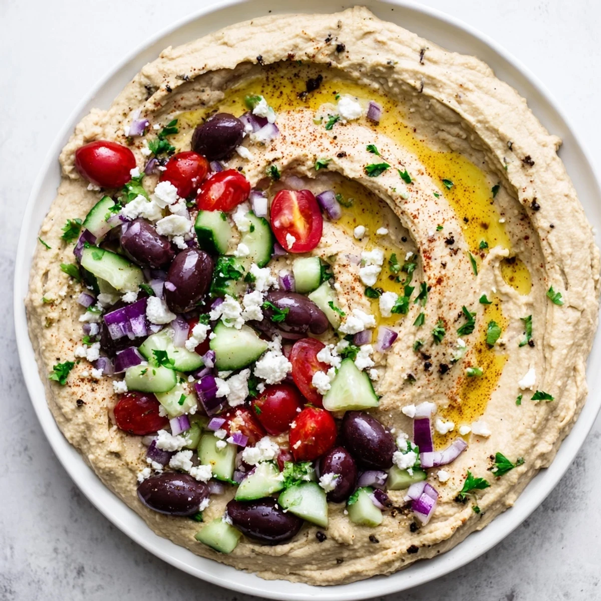 Greek style loaded hummus served with colorful cherry tomatoes and Kalamata olives