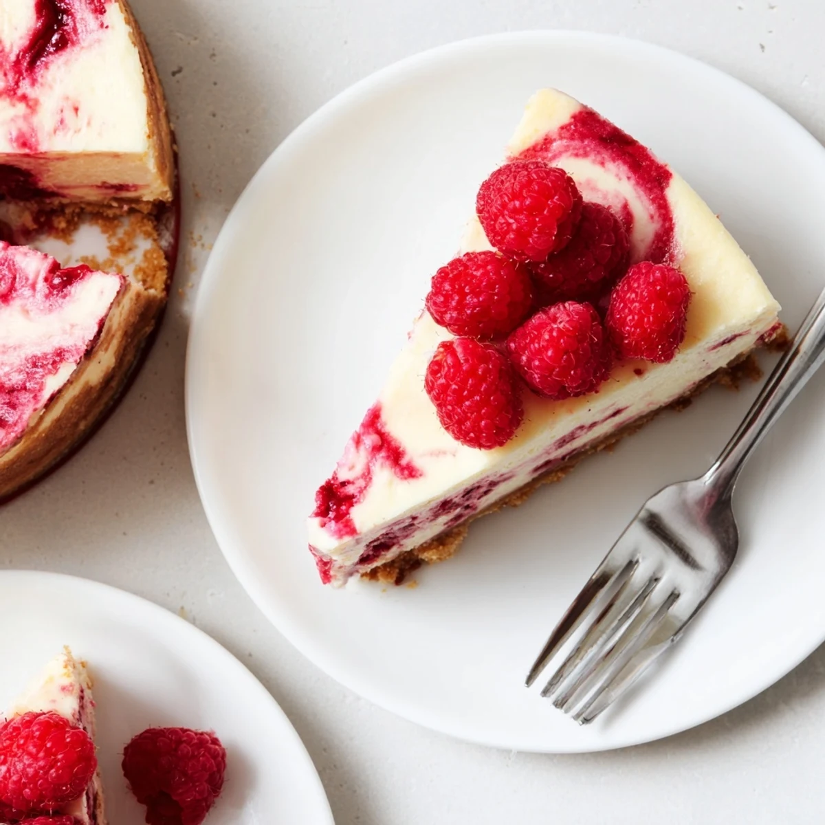 Rich raspberry cheesecake displaying buttery crust and smooth vanilla cream cheese filling