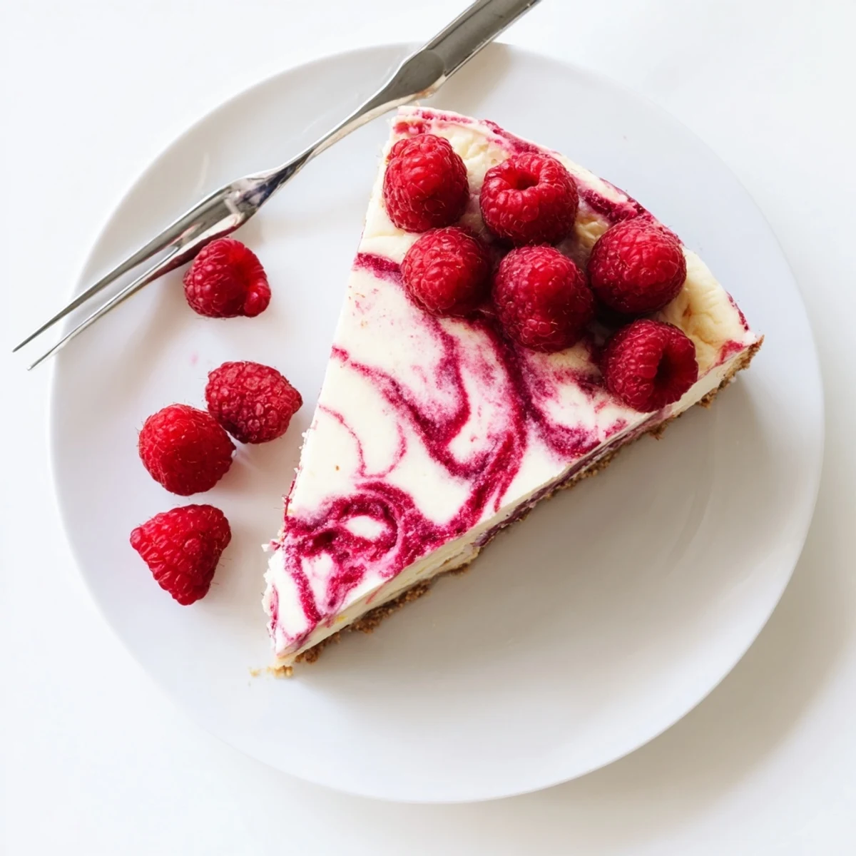Homemade raspberry cheesecake topped with fresh berries and served on white plate