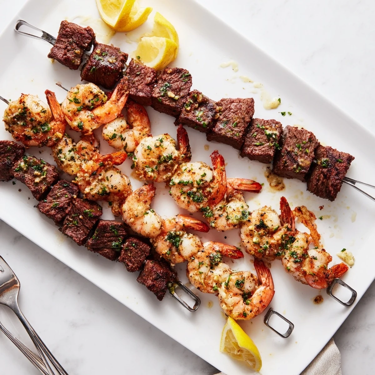 Golden grilled steak and shrimp skewers basted with rich garlic butter sauce on a platter