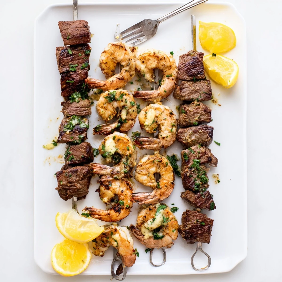 Succulent surf-and-turf skewers featuring juicy beef and pink shrimp drizzled with melted garlic parsley butter