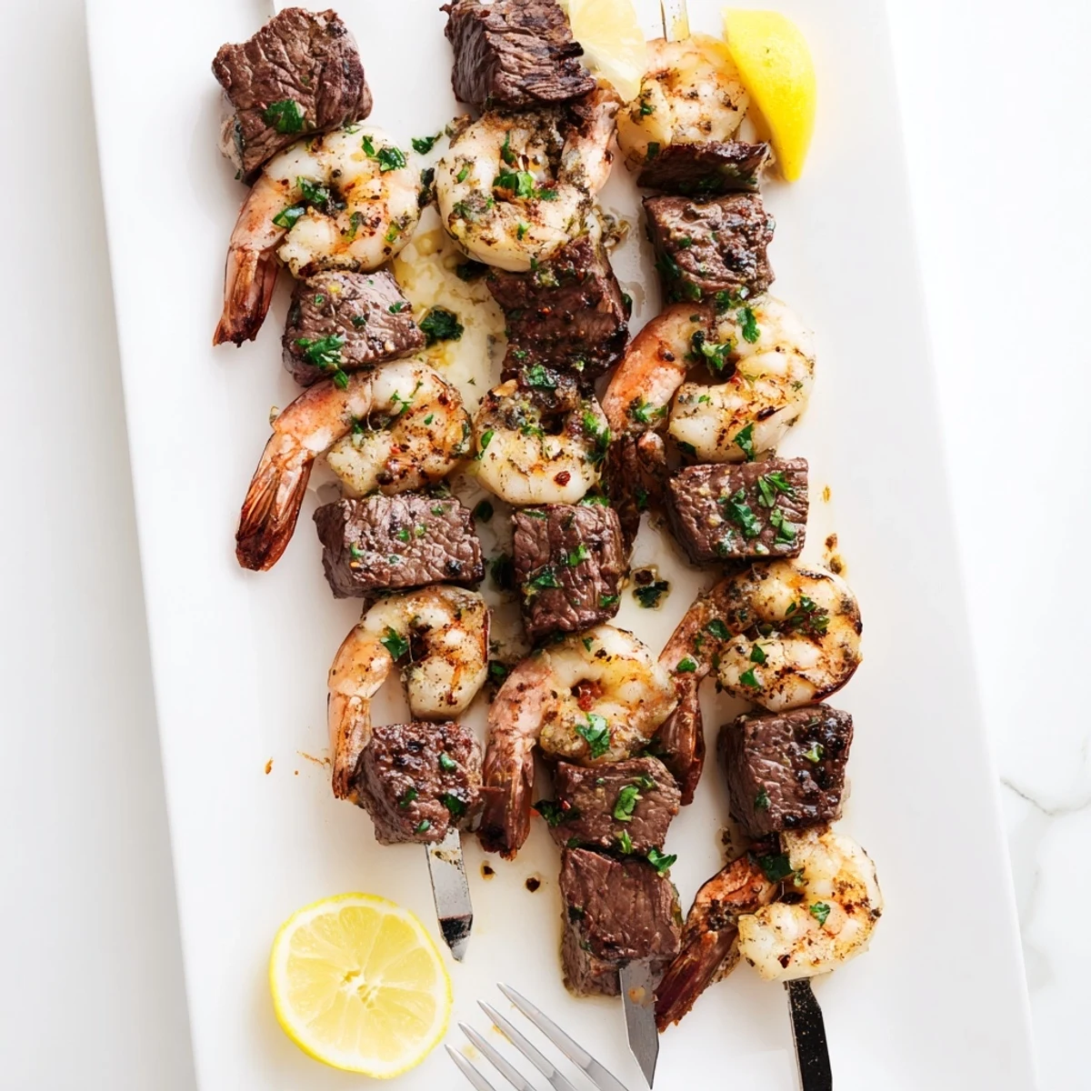 Perfectly charred steak and shrimp skewers arranged on a serving plate with lemon wedges and fresh herbs