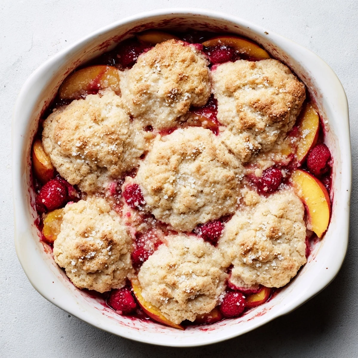Warm peach and raspberry cobbler served with vanilla ice cream and fresh berries
