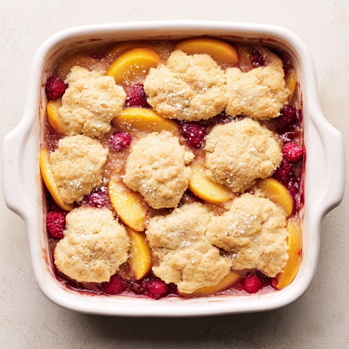 Golden peach raspberry cobbler bubbling in a baking dish with buttery biscuit topping