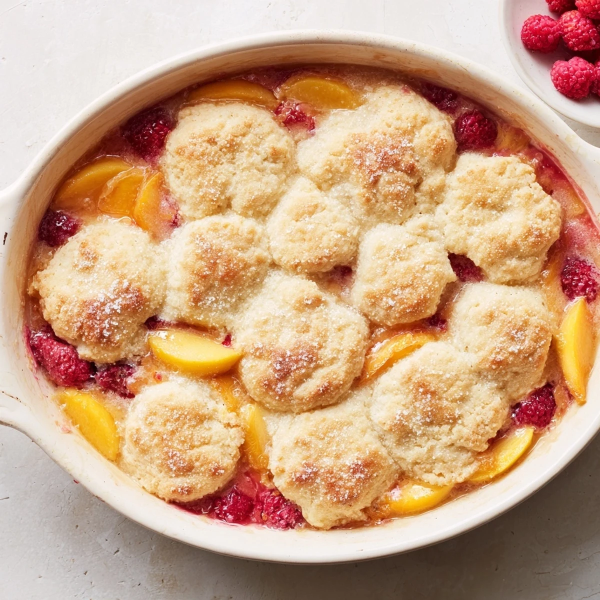 Summer dessert featuring sweet peaches and raspberries beneath flaky golden biscuit crust