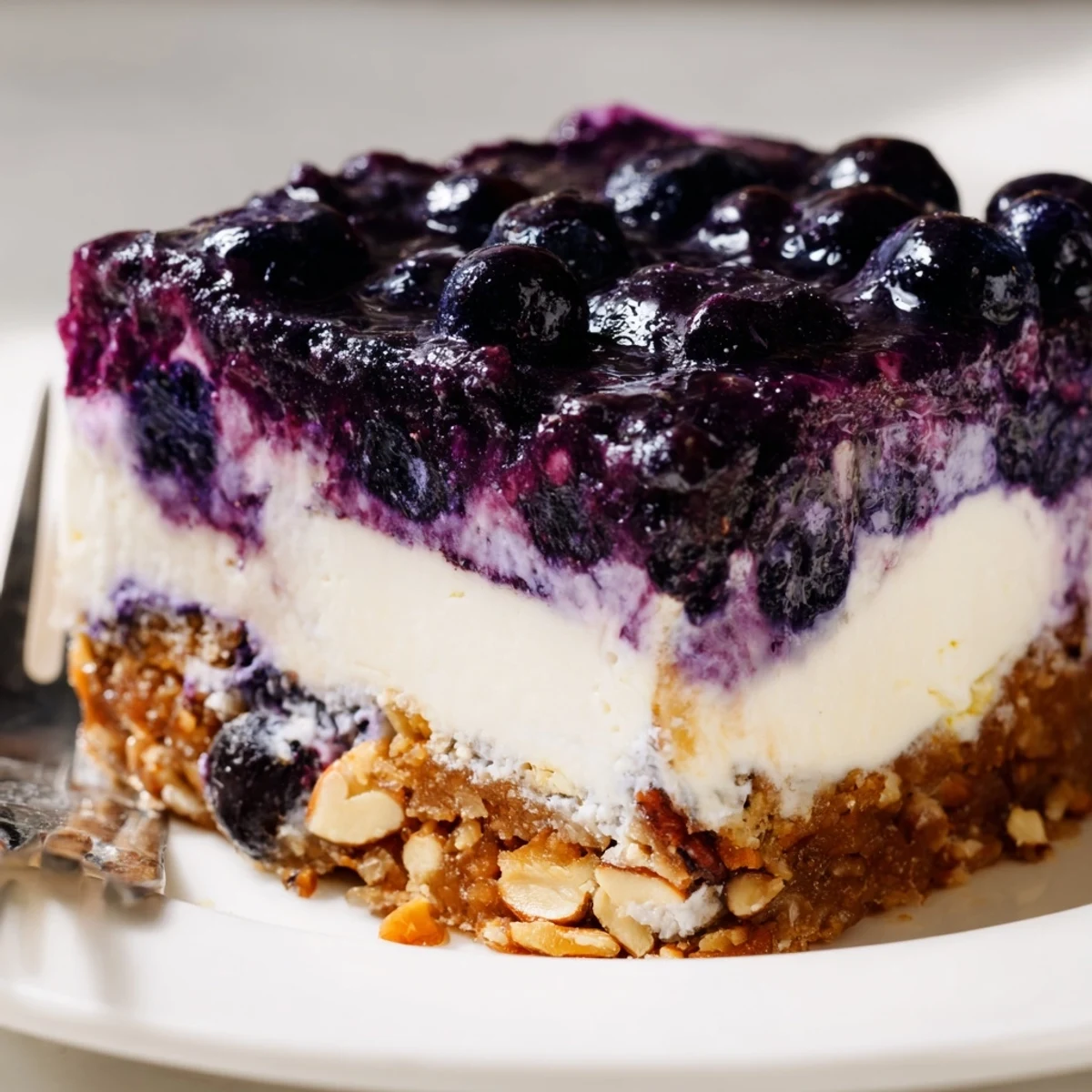 Festive sweet and tangy blueberry jamboree bar with three layers of pecan crust, creamy cheesecake filling, and glossy blueberry topping