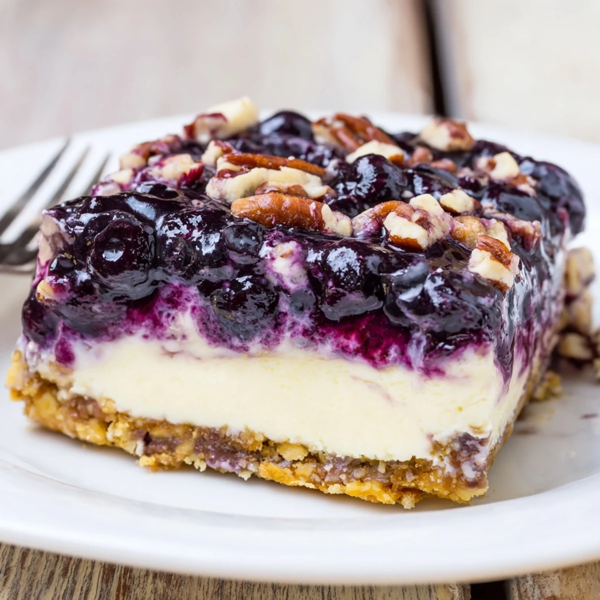 Square slice of blueberry jamboree dessert showing buttery pecan crust topped with white cream cheese layer and vibrant purple blueberry compote