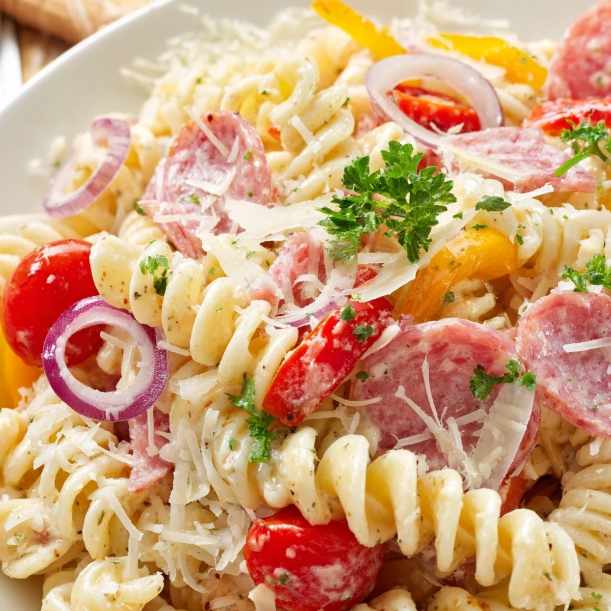 Hearty Italian Grinder Pasta Salad featuring spiral pasta tossed with cured meats, cherry tomatoes, and tangy pepperoncini