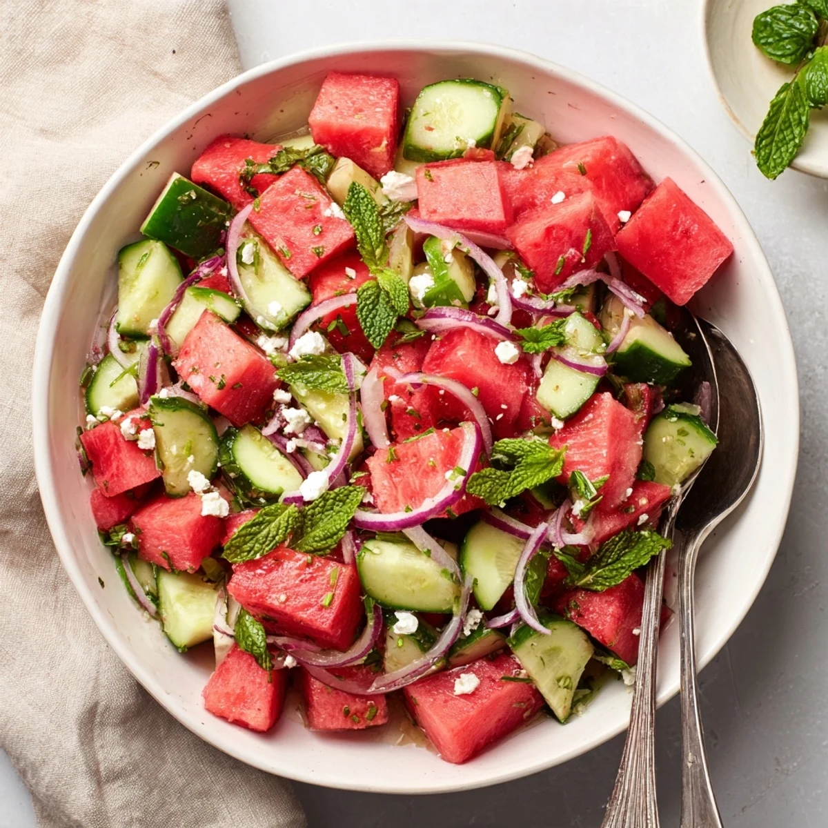 Fresh watermelon feta salad bowl with juicy red cubes, cucumber, mint, and crumbled white cheese