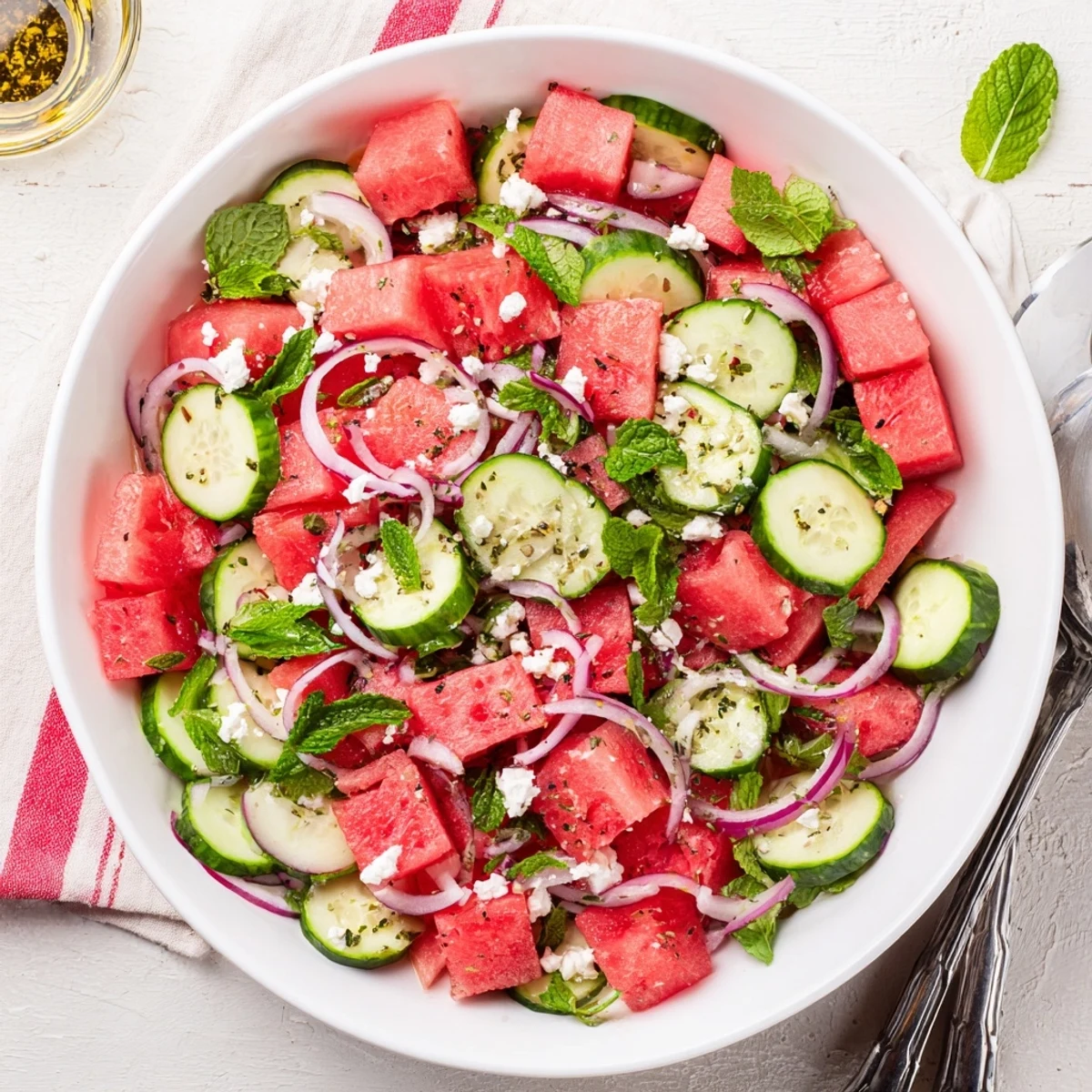 Summer watermelon feta salad close-up displaying crisp produce, creamy feta crumbles, and lime dressing drizzle