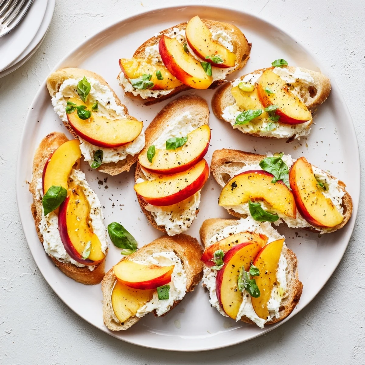 Golden toasted baguette slices spread with fluffy whipped ricotta topped with fresh juicy peach slices