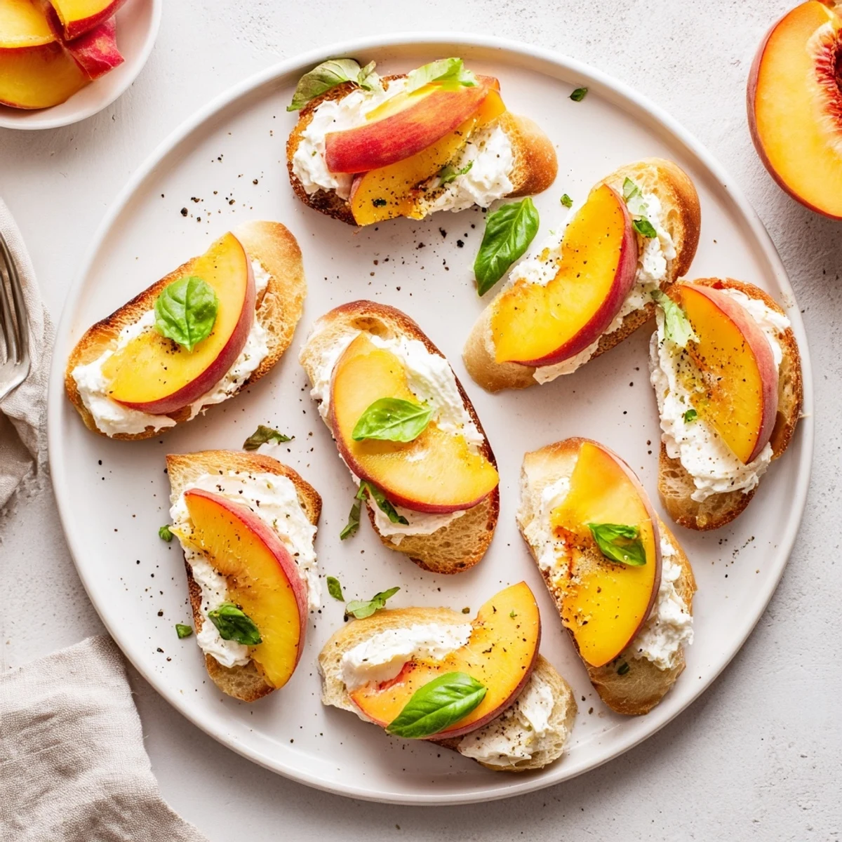 Italian appetizer of rustic sourdough topped with sweet peaches and whipped ricotta cheese