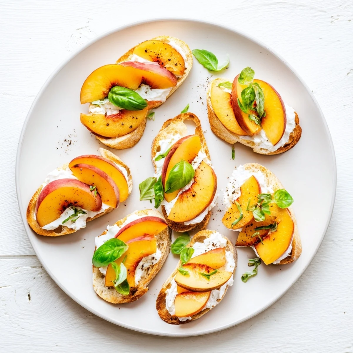Summer peach bruschetta featuring creamy ricotta and bright basil on crispy grilled bread