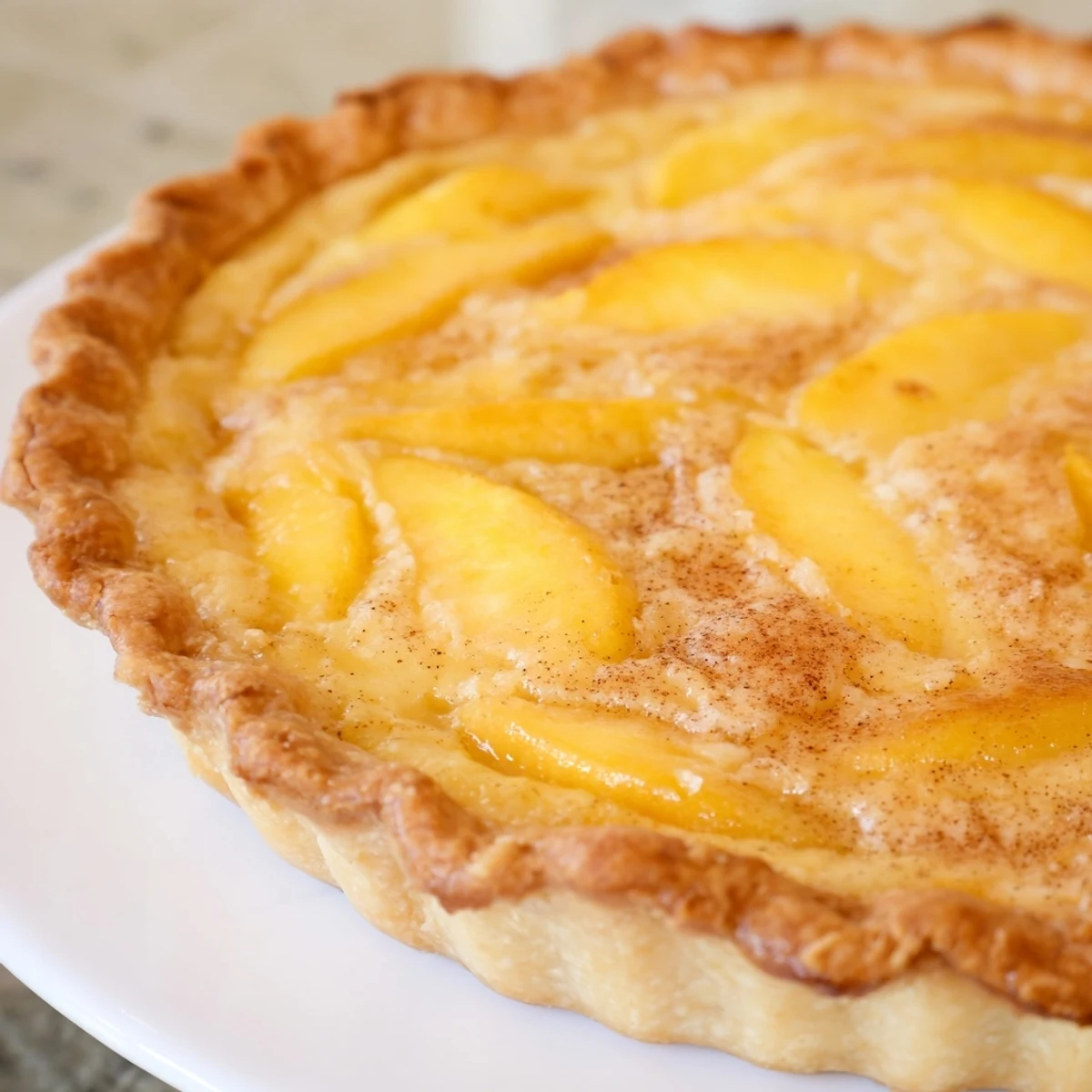 Golden peach custard pie with fresh fruit slices in a flaky baked crust