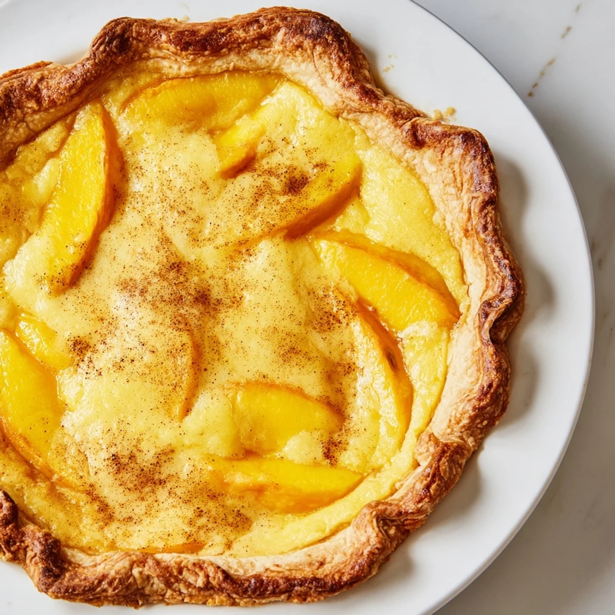 Slice of homemade peach custard pie revealing silky vanilla custard and sweet peaches