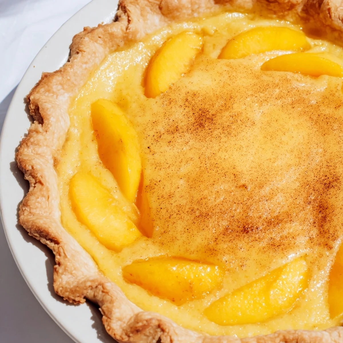 Whole peach custard pie cooling on wire rack with golden brown pastry edges