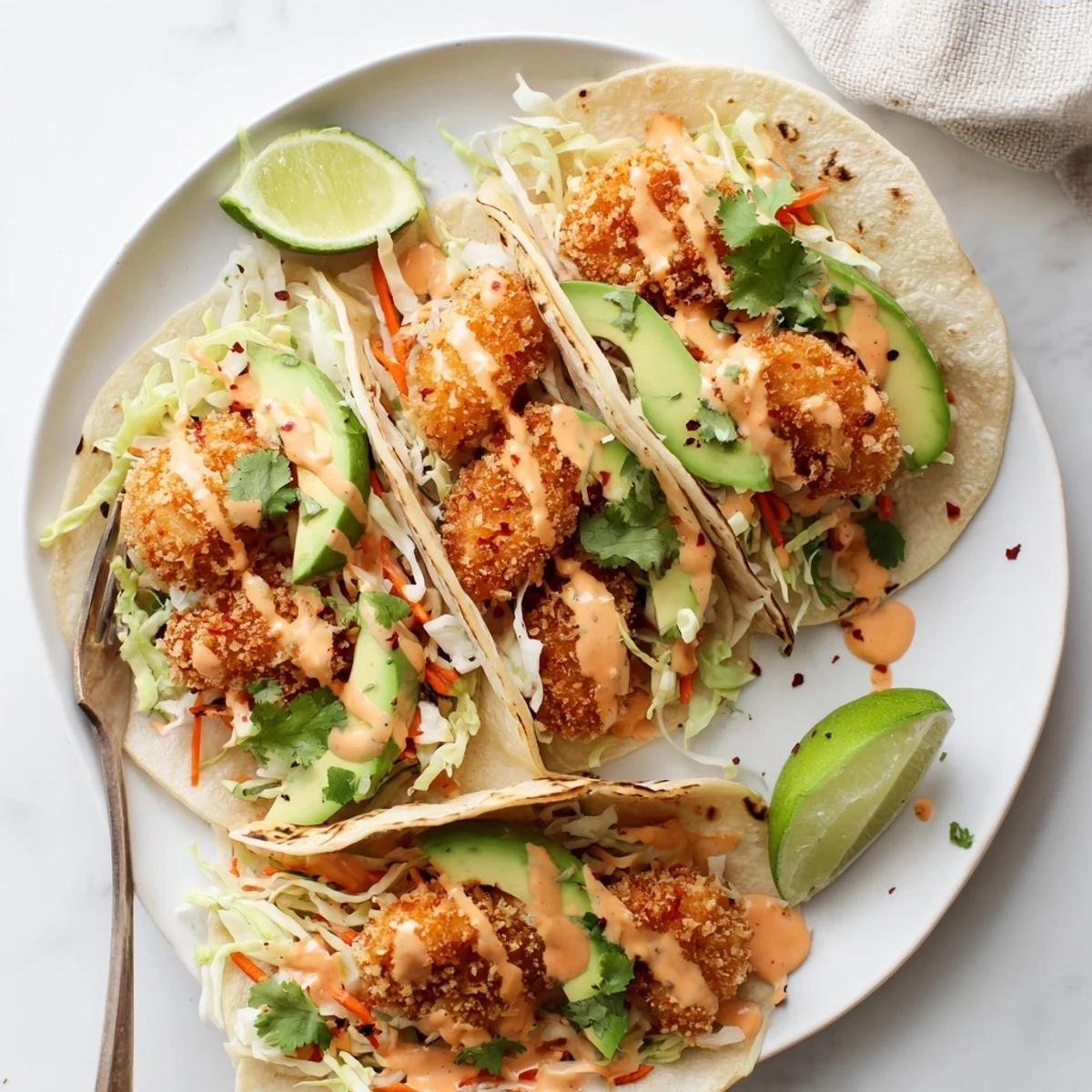 Golden Bang Bang shrimp tacos with crispy slaw and creamy spicy sauce drizzle
