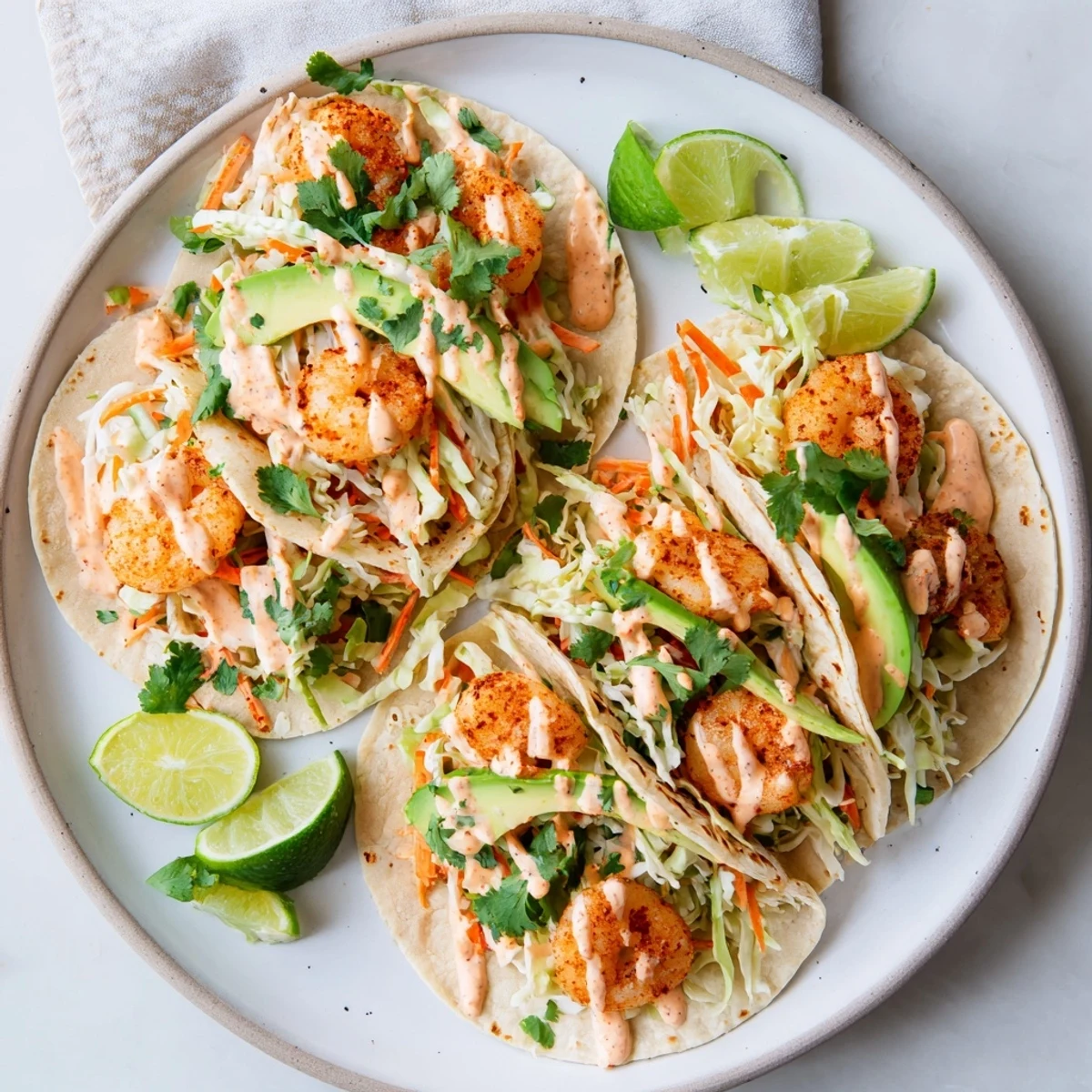Warm tortillas topped with fried Bang Bang shrimp and fresh avocado slices
