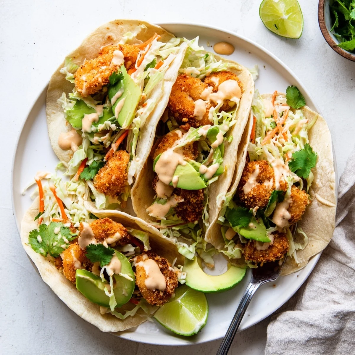 Crispy Bang Bang shrimp tacos served with colorful cabbage slaw and lime