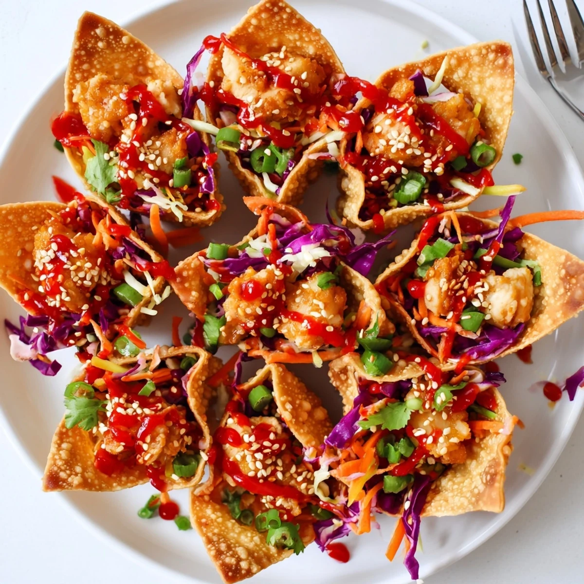 Golden crispy chicken wonton tacos topped with colorful Asian slaw and sweet chili sauce drizzle