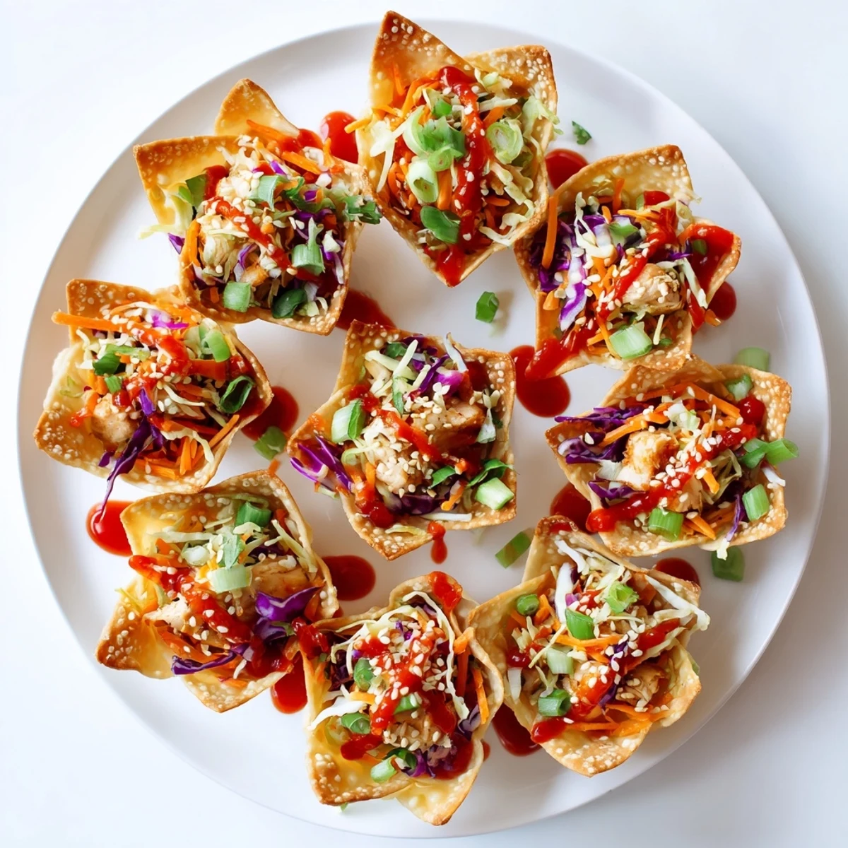 Crispy wonton taco shells filled with seasoned chicken and crunchy cabbage slaw garnished with cilantro