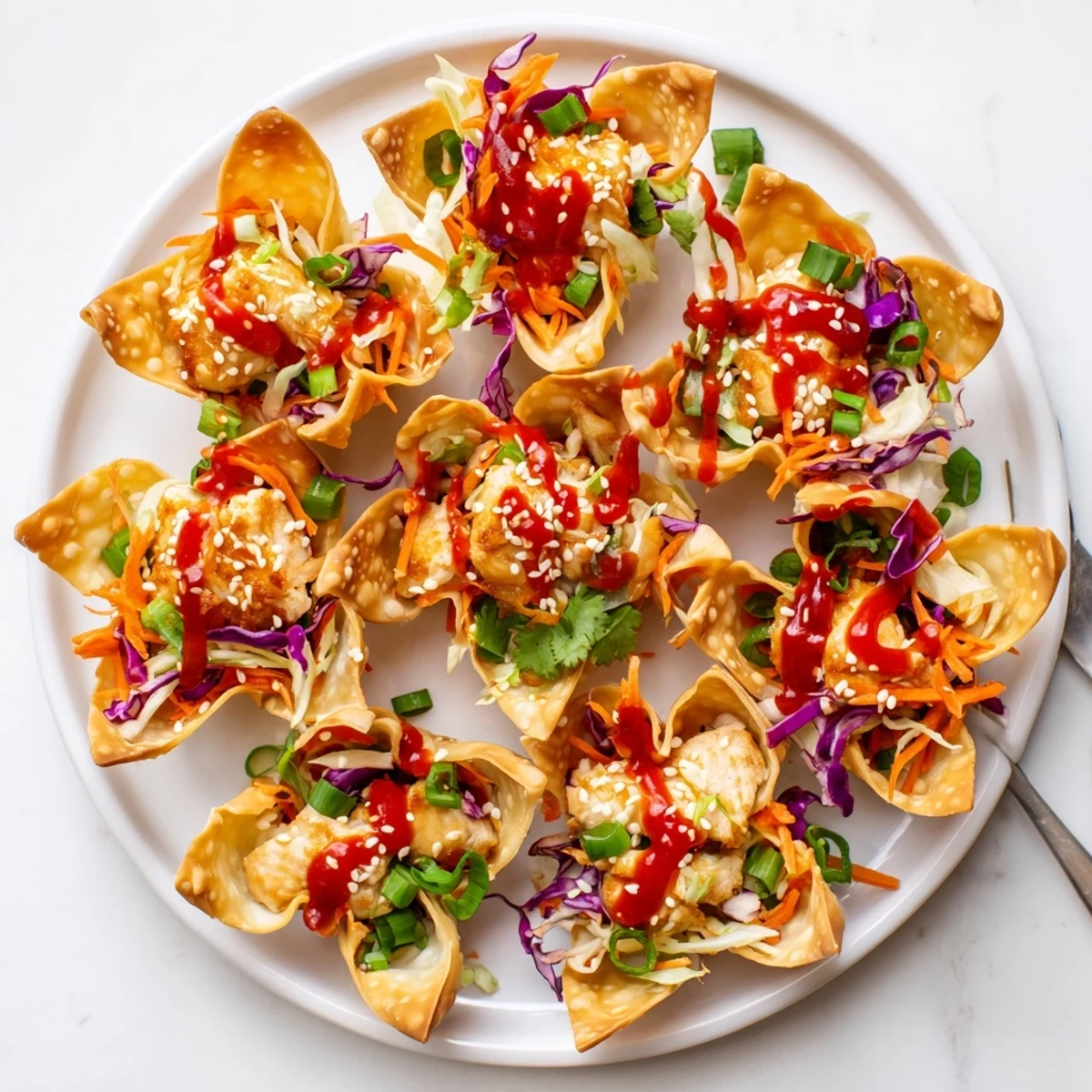 Fusion chicken wonton tacos with vibrant purple green cabbage slaw and tangy sweet chili glaze