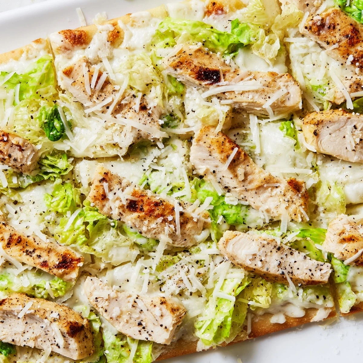 Sliced grilled chicken over cheesy flatbread with fresh romaine and parmesan shavings
