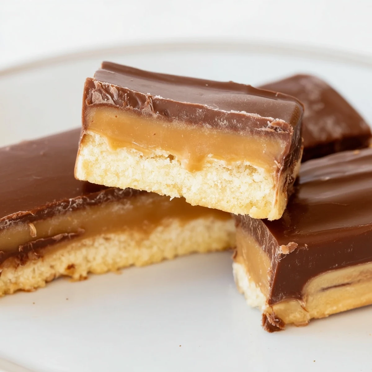 Golden Twix bars arranged on a white plate showing layered shortbread, caramel, and chocolate