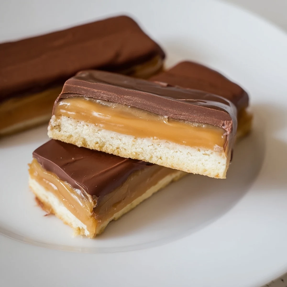 Homemade Twix dessert bars sliced into squares revealing buttery shortbread and gooey caramel center