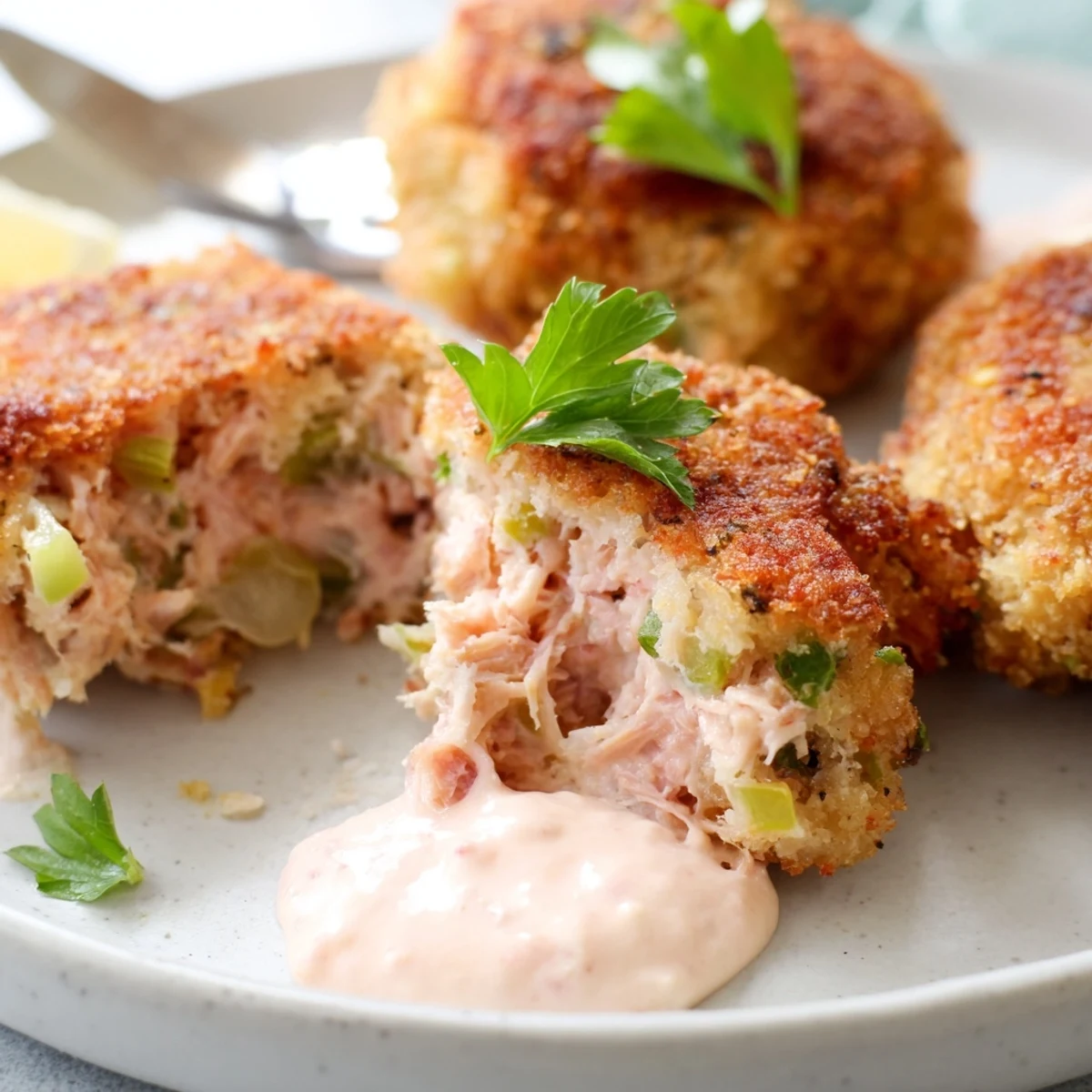 Crispy fried Southern salmon croquettes with fluffy interior garnished with fresh parsley and lemon wedges
