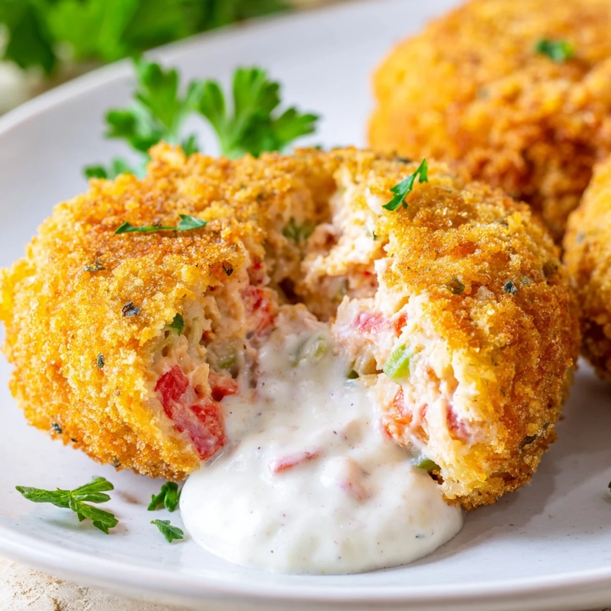 Golden brown Southern salmon croquettes served on a white plate with creamy remoulade dipping sauce