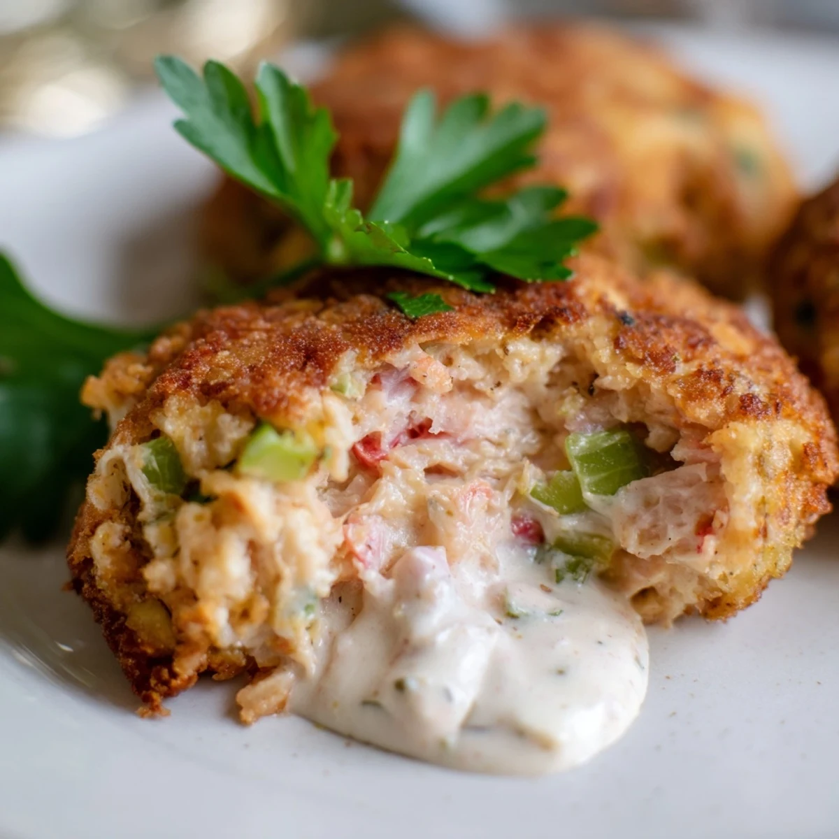 Homemade Southern salmon croquettes arranged on rustic wooden board alongside tangy zesty remoulade sauce