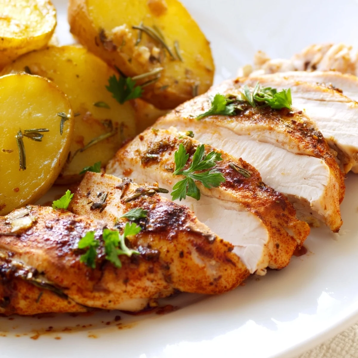 Juicy seasoned grilled chicken alongside rosemary roasted potatoes on a white dinner plate with lemon