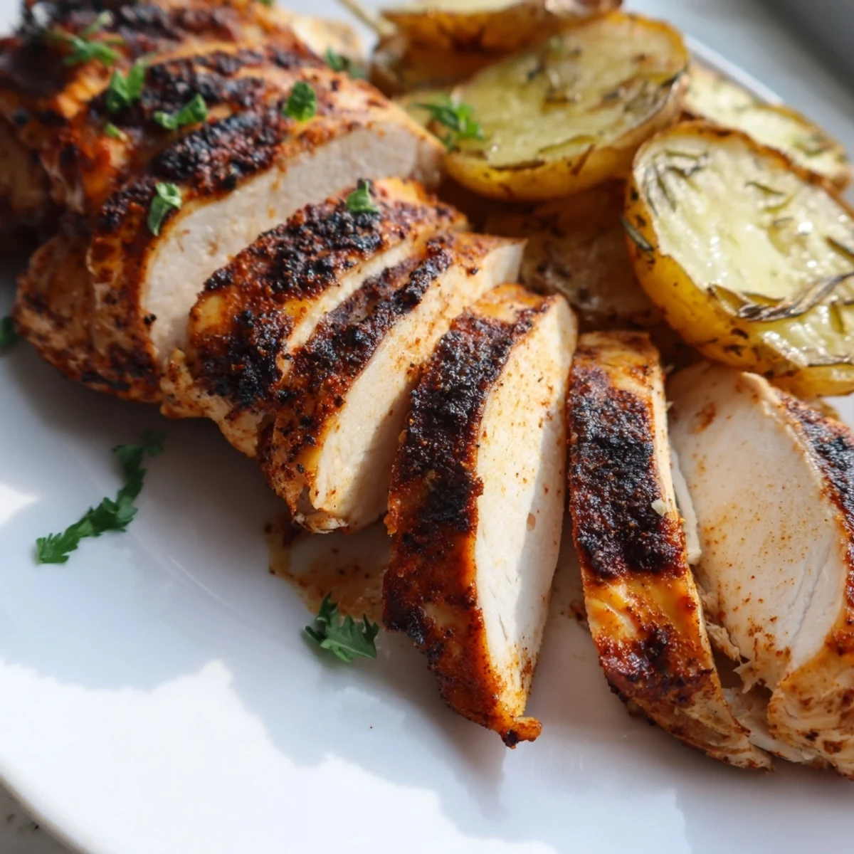 Golden brown grilled chicken breasts served beside crispy roasted baby potatoes with fresh parsley garnish