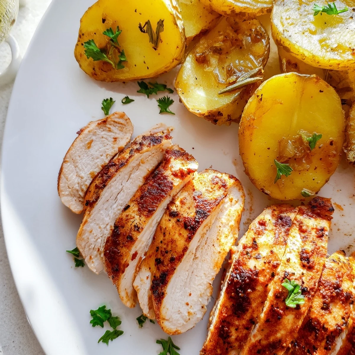 Perfectly grilled chicken slices arranged next to golden crispy roasted potato halves for a hearty meal