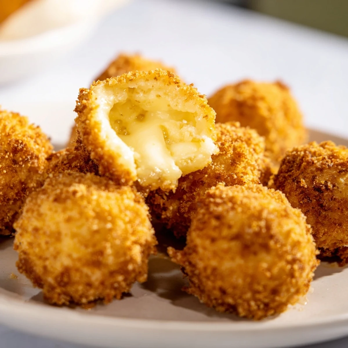 Golden brown mozzarella cheese balls with crispy coating served on white plate