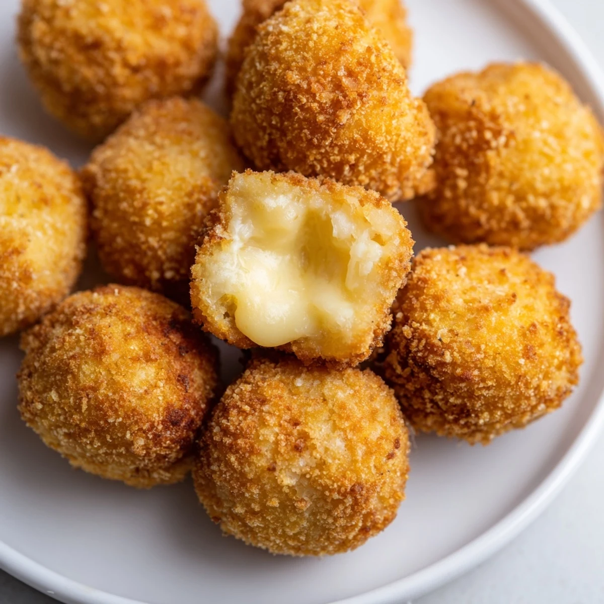 Crispy fried mozzarella cheese balls arranged on platter with herbs scattered around