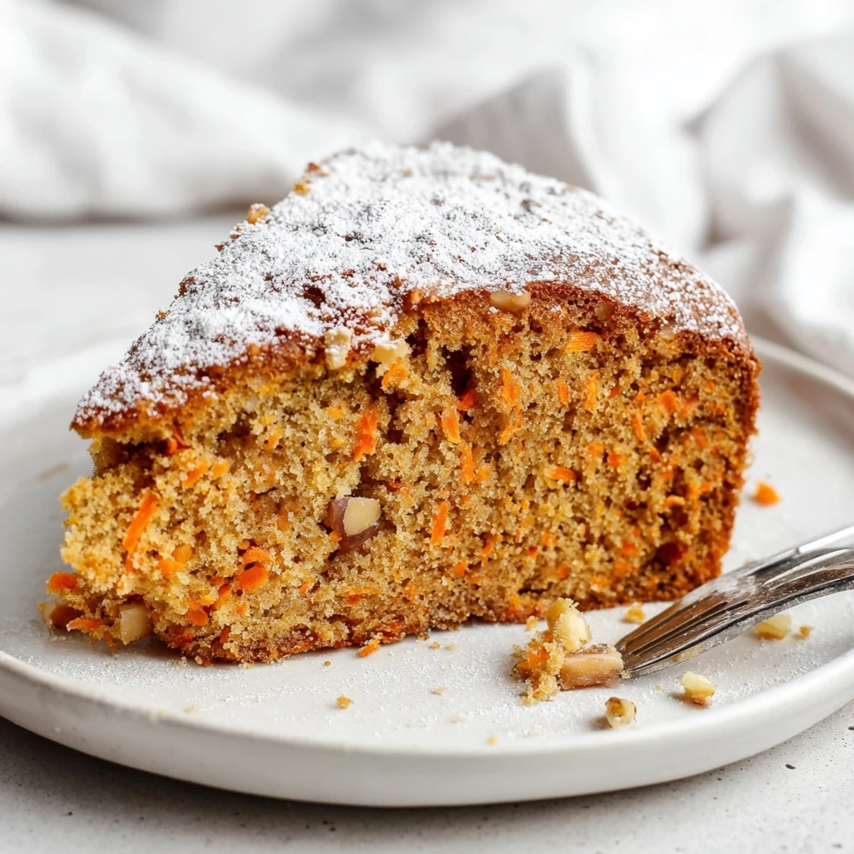 Moist Greek yogurt carrot cake slice topped with powdered sugar on white plate