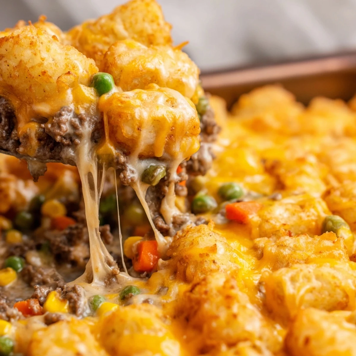 Golden cheesy ground beef tater tot casserole fresh from the oven with bubbling melted cheddar